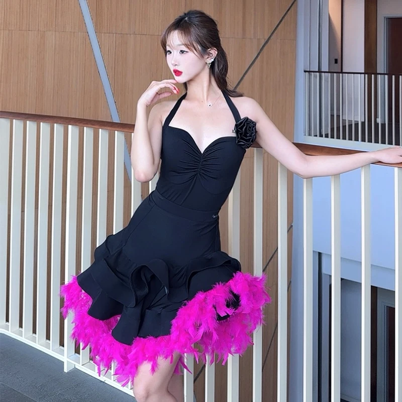 

New Latin Dance Competition Clothing Women Black Tops Rose Pink Feather Skirt Cha Cha Rumba Dance Performance Dresses DNV24024