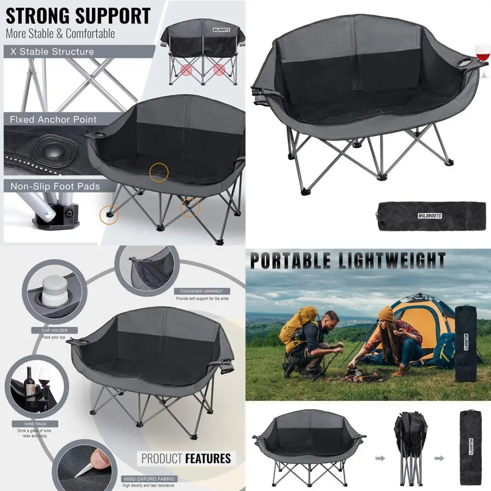 

Прочное двухместное кресло для кемпинга на открытом воздухе с подстаканниками, выдерживает до 600 фунтов, портативное, для газона, заднего двора, просмотра фильмов