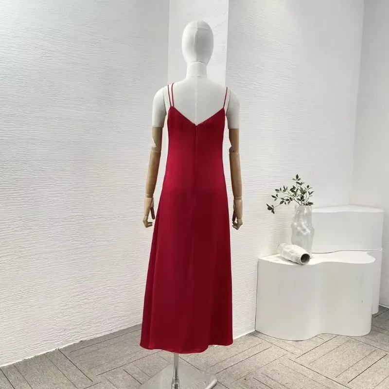 Vestido Midi con tirantes finos para mujer, con hebilla de Metal elegante vestido rojo, decoración recortada, vestido sin mangas de alta calidad