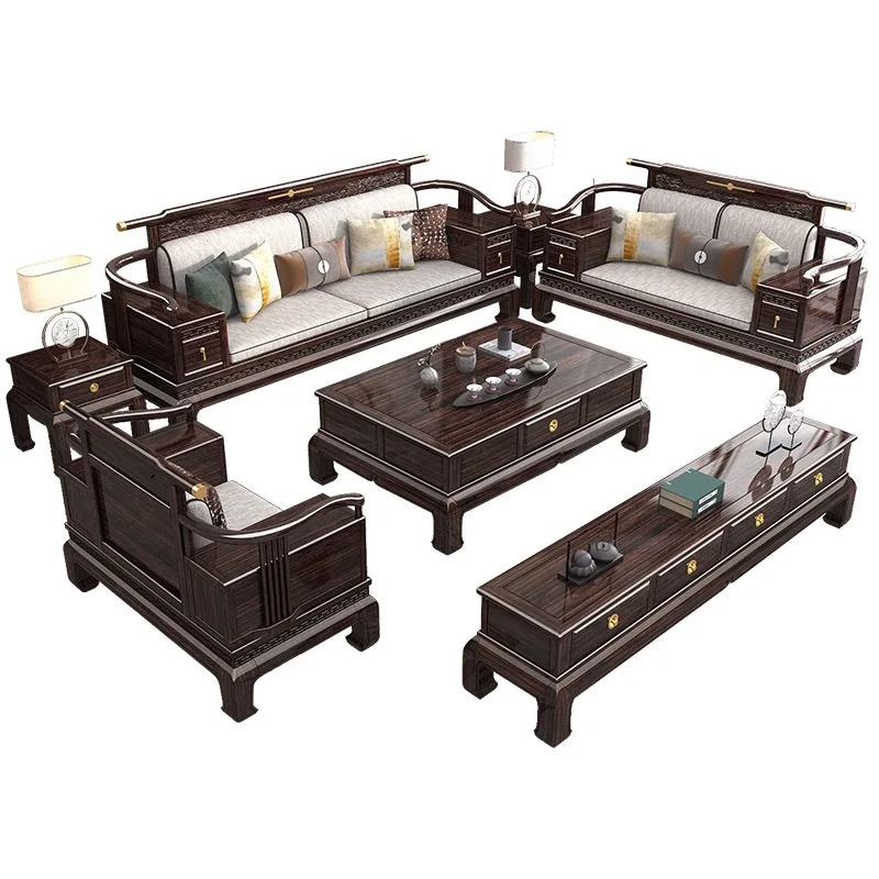 New Chinese-style solid wood sofa large apartment living room neoclassical villa light luxury all solid wood furniture red gold