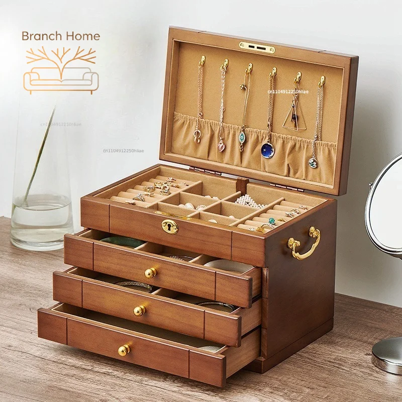 Zml solid wood jewelry box - fully locking, large capacity, multi-functional jewelry organizer with drawer storage