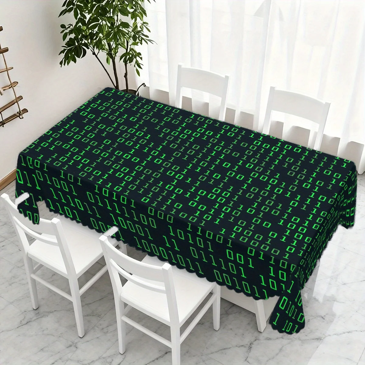 Tech Style Green Matrix Code Print Waterproof Washable Tablecloth, Rectangular Table Cover for Game Themed Party Decor