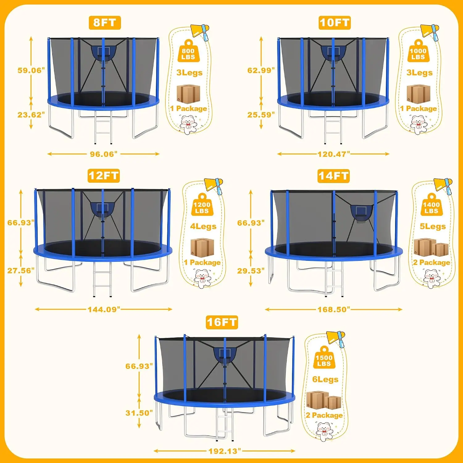 2026 Upgrade 1500LBS Outdoor Tranpoline for Kids and Adults 【Easy to Install & Built to Last】 10FT 12FT 14FT 16FT, Customized
