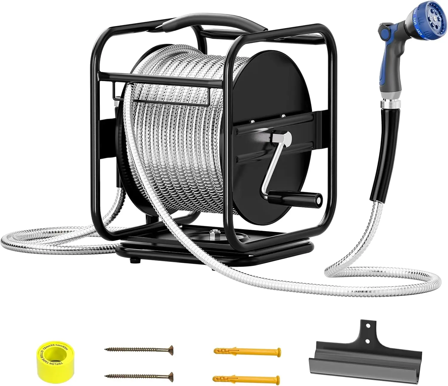 

100ft Retractable Garden Hose Reel, Wall Mounted Metal Garden Hose Reel, Heavy Duty Stainless Steel Hose Reel with 9-Pattern Noz