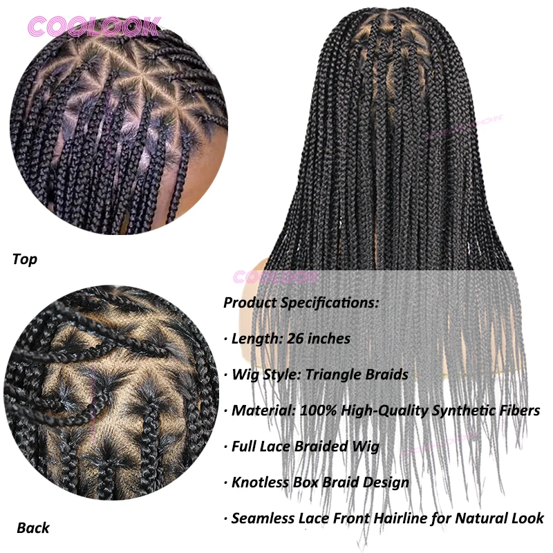 26-Zoll-Dreieck-Zöpfe-Haarperücke, synthetische Vollspitze, geflochtene Perücken für schwarze Frauen, knotenlose Box-Zopf-Perücke, Cornrow-Zöpfe, Spitzenperücke