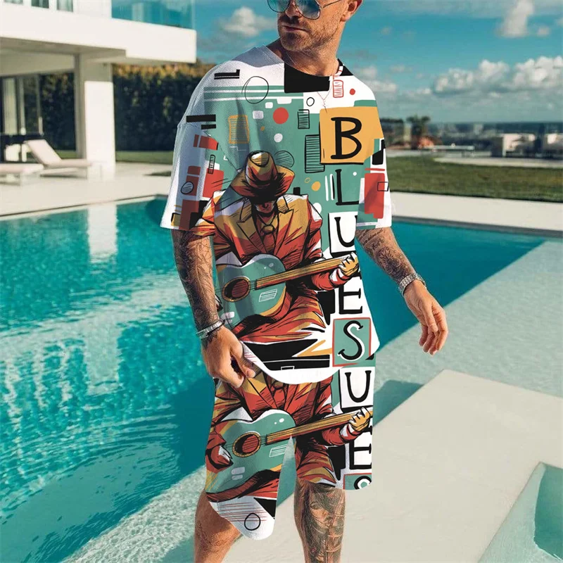 

2025-26 Летний хит продаж, модный тренд, роскошный костюм с 3D принтом, американская уличная дышащая быстросохнущая футболка, комплект с шортами