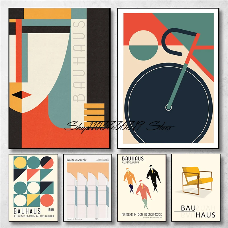 1pc Frameless Canvas Painting Vintage Bauhaus Style Bicycle Circles Triangles Art Poster Canvas Painting Wall Prints Picture Fo