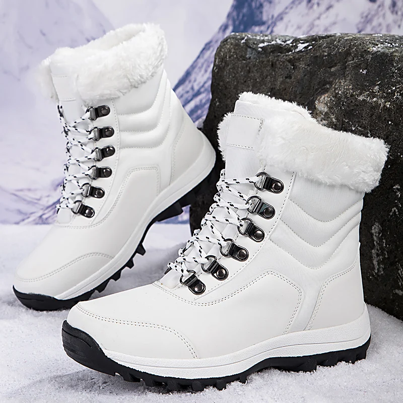 Botas de nieve cálidas para mujer, zapatos de invierno a media pantorrilla para mujer, botas de plataforma impermeables y antideslizantes, tela