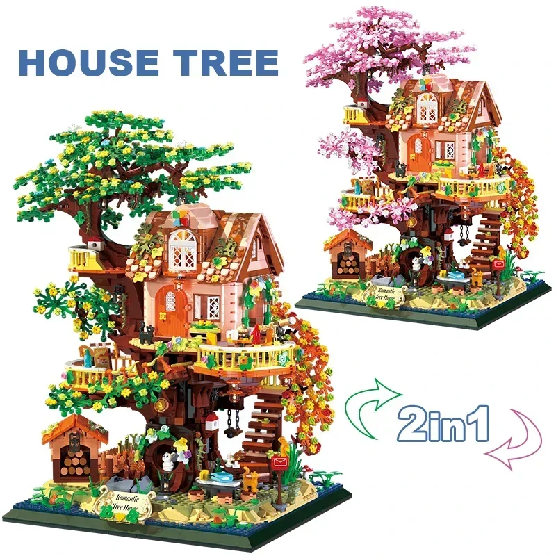 Bloques de Construcción 2 en 1, Casa de Árbol con Flores, Arquitectura DIY, Modelo de Ladrillos para Ensamblar, Adorno para el Hogar, Juguete de Construcción, Regalos de Cumpleaños para Niños