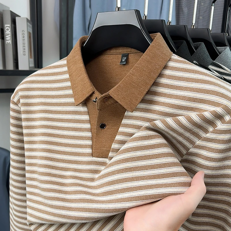 2026 New Men's Autumn Long Sleeved Polo Shirt High-Quality British T-Shirt with Collar Stripes Fashionable Casual Men's Clothing