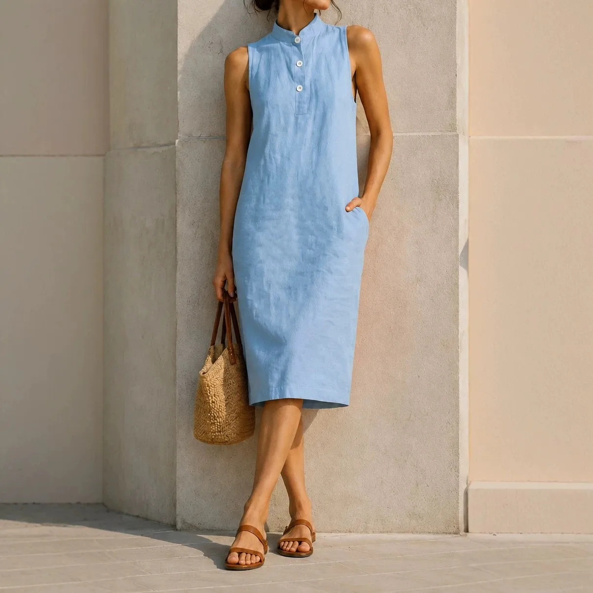 Women's New Style Stand-Collar Sleeveless Dress with Half-Open Front, Three Buttons, Side Pockets, Loose Straight Mid-Length Dress