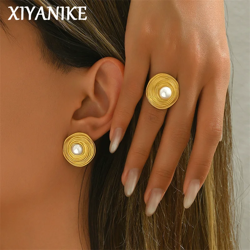 

XIYANIKE Summer Gold Color Round Pearl Earrings Ring Jewelry Set For Women Ocean Fashion New Jewelry Gift Party Seaside Holiday