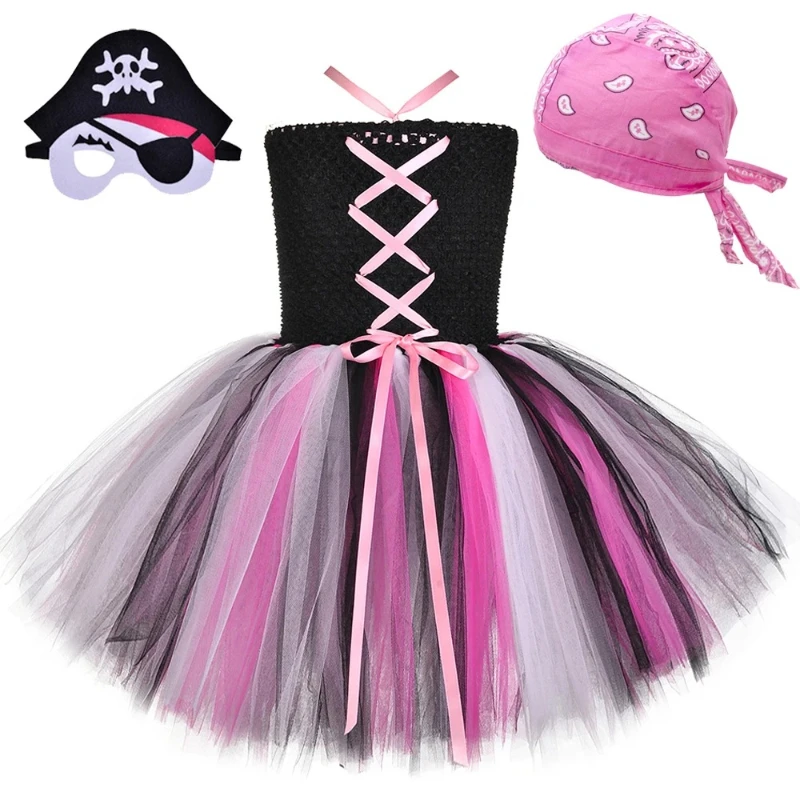 Pink Black Pirate Clothes for Girls Disguised Tutu Outfit Child Clothes Kids Carnival Halloween Fancy Dress with Mask Headscarf