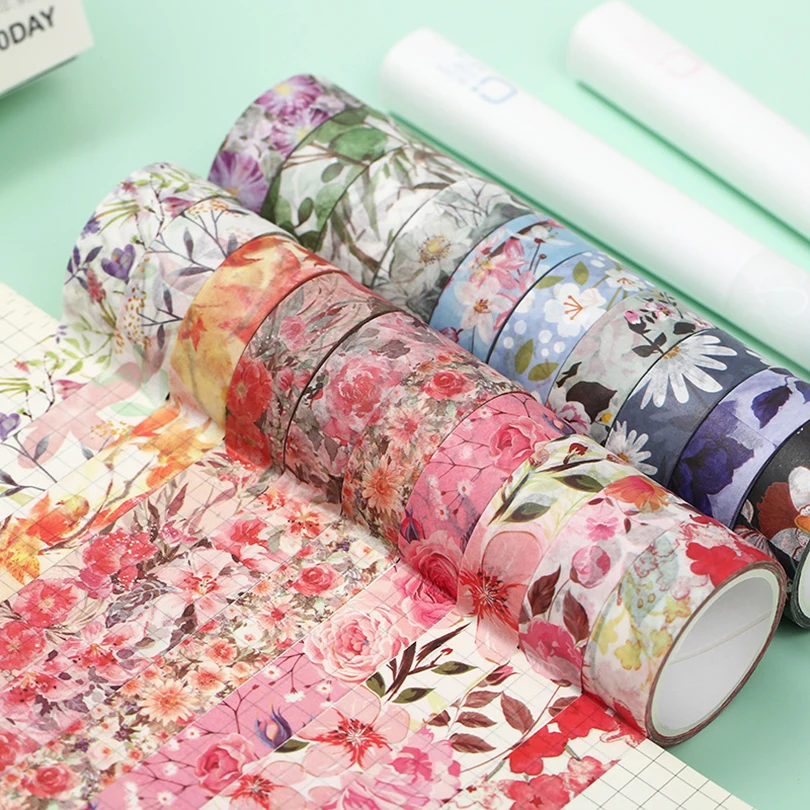 Juego de cintas Washi de flores para álbum de recortes, cinta adhesiva decorativa de 4m, suministros de papelería para diario, 10 rollos