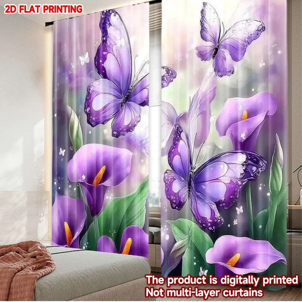 2pcs Purple Butterfly Calla Lily Curtains Digital Printing, Vibrant Butterfly and Flower Pattern for Bedroom Living Room Decor