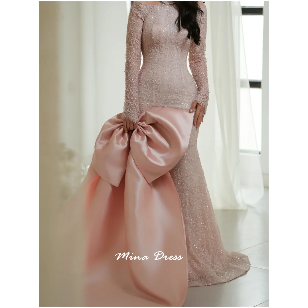 

Mina Customized Sequins Evening Dress Luxury Elegant Party Dresses Woman Long Sleeves Dresses for Formal Occasions Bow Special