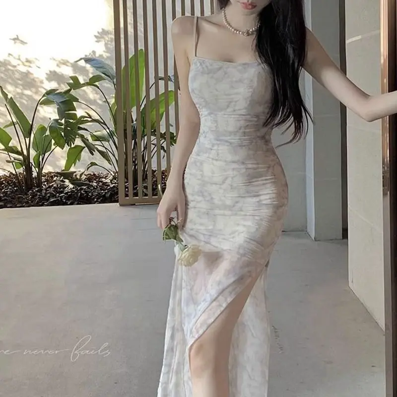 2025 الصيف مثير السباغيتي حزام طباعة سبليت فستان للنساء الكورية موضة سليم صالح ومزاجه التخسيس فستان طويل أنيق #1