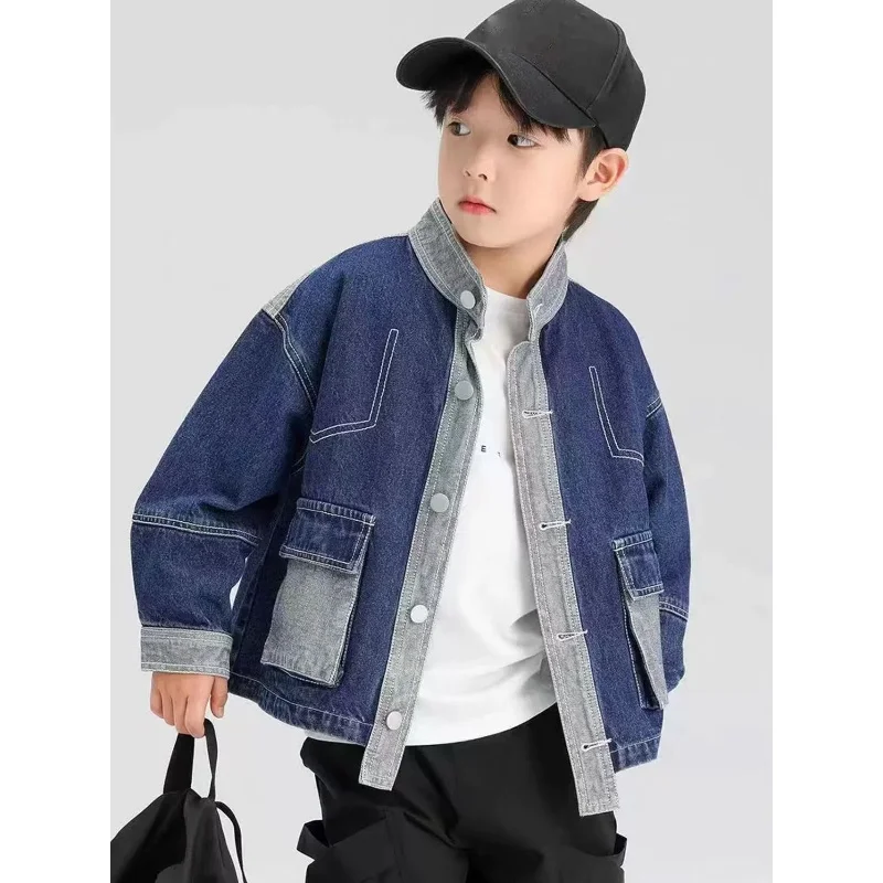 

Children's Clothing Boys' Denim Jacket Spring and Autumn New Style Children's Retro Patchwork Jacket Boys' Fashionable Denim Top
