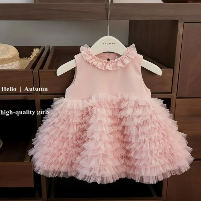 2026Solid Color High-End Tank Dress, Fluffy Cake Skirt, Stylish Baby Girl's First Birthday Dress, Princess Dress