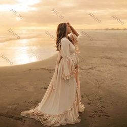 Maternity Photography Gown Linen Cotton Bohemian Ruffled Butterfly Dew Back Dress Pregnant Women Dresses For Photo Shooting