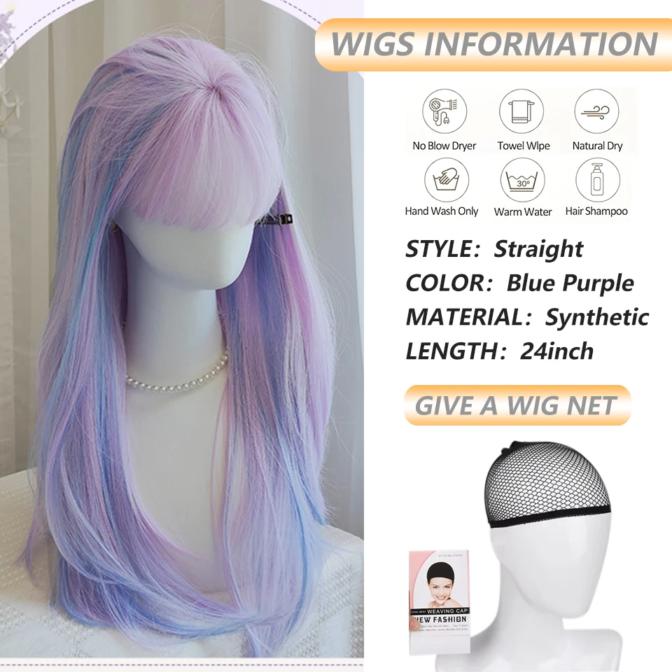 24Inch Purple Highlights Blue Synthetic Wigs With Bangs Long Straight Hair Wig For Women Daily Lolita Cosplay Wig Heat Resistant
