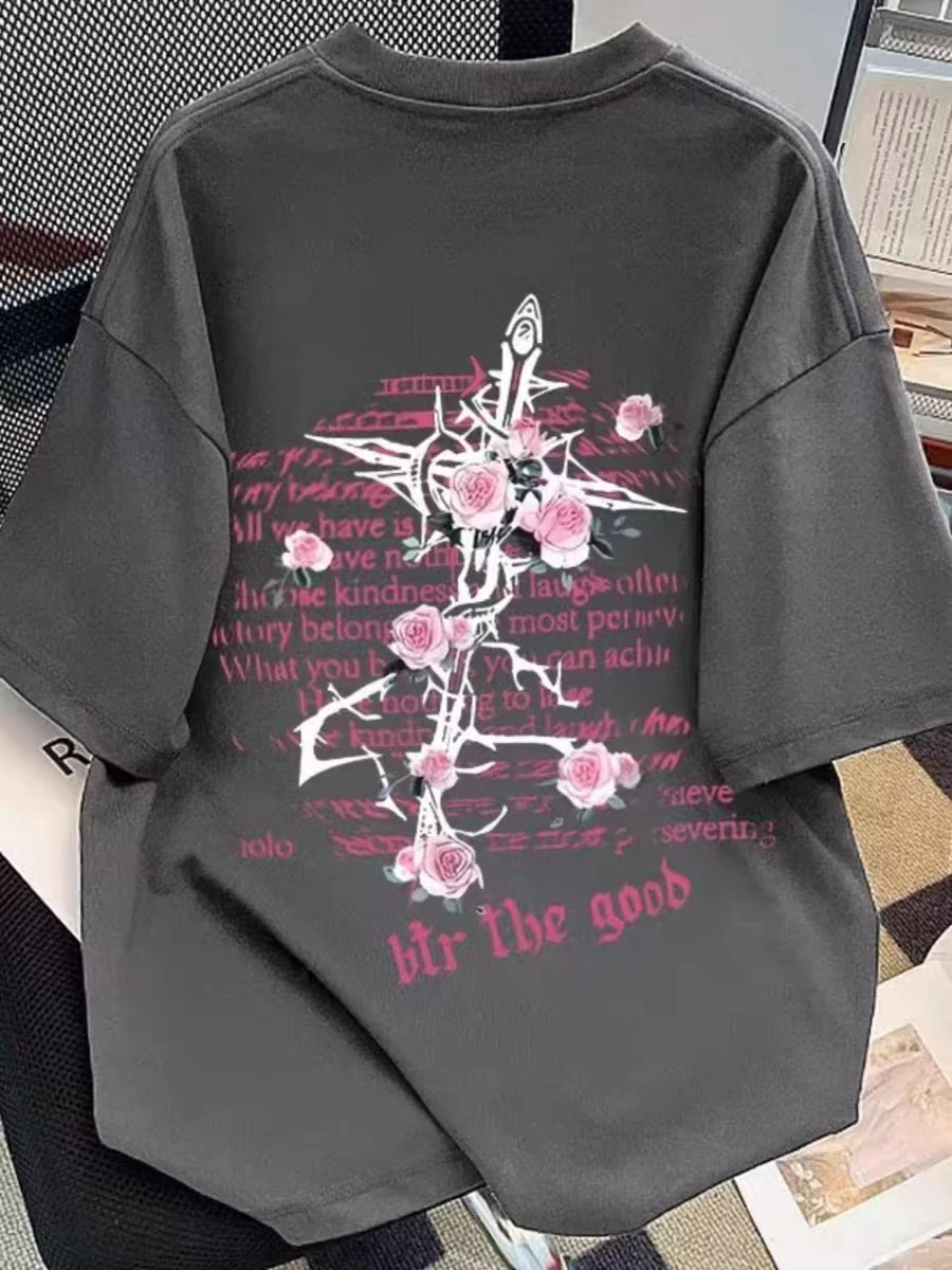 

Хлопковая футболка с короткими рукавами и принтом американской розы, летний модный брендовый свободный дышащий топ