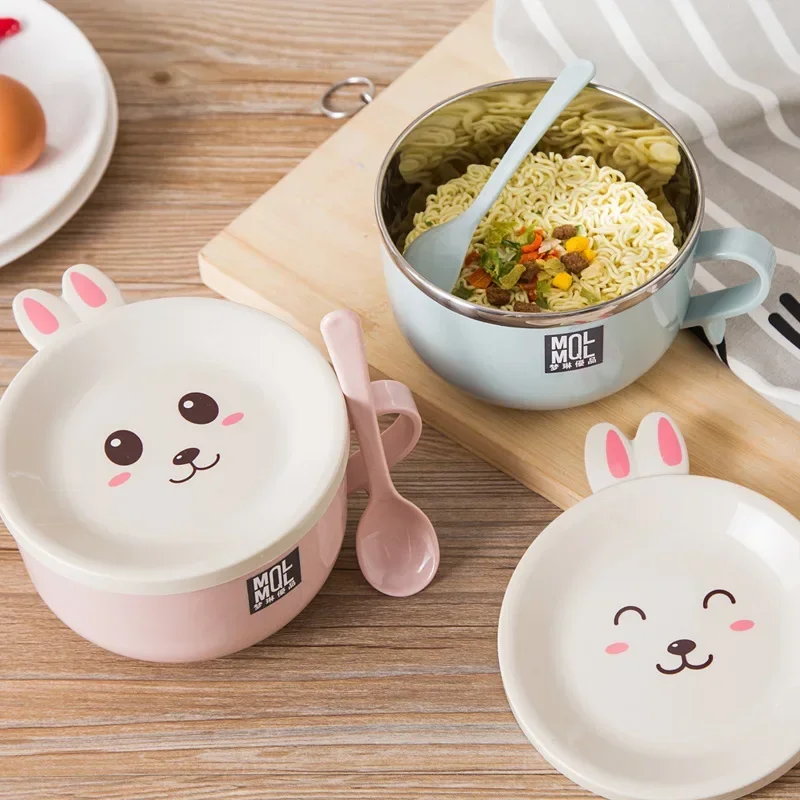 Stainless Steel Double layer Ramen Noodles Bowl Anti scalding Instant Noodle Bowl Cute Bunny with Lid