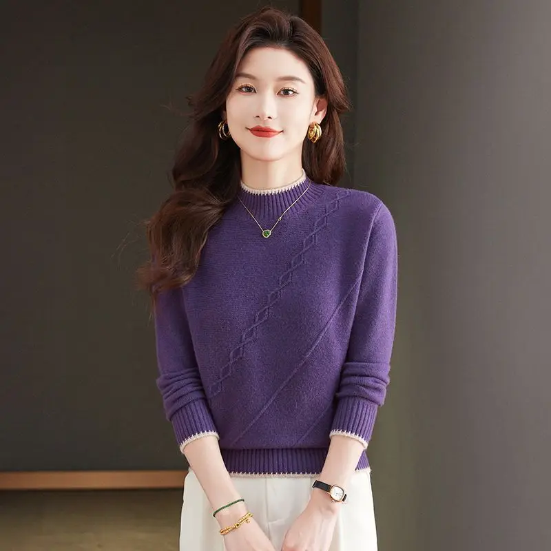 Mature Women Autumn Winter Half Turtleneck Thick Knit Sweater Color Trim Loose Warm Casual Knit Pullover Inner Wear