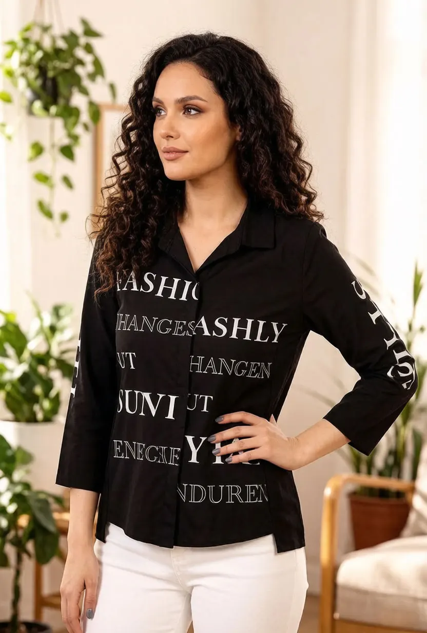 Women Oversized Letter Print Blouse Black Lapel Long Sleeve Button Down Shirt Loose Casual Elegant Top view 4