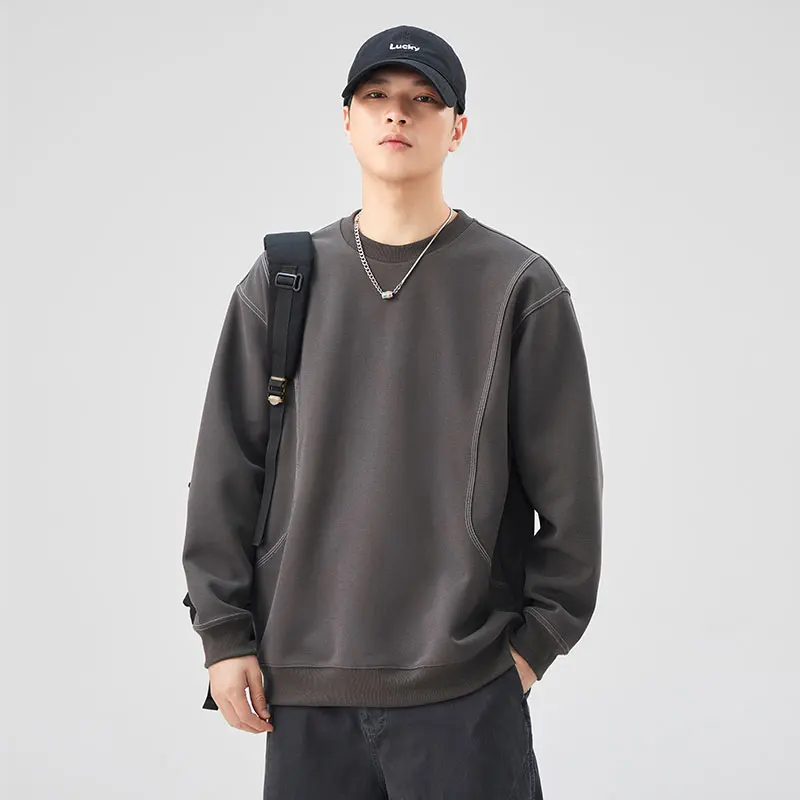 

round Neck Sweater Bright Line Design Loose Solid Color Street Men and Women Same Style All-Matching Casual 2024 New Top