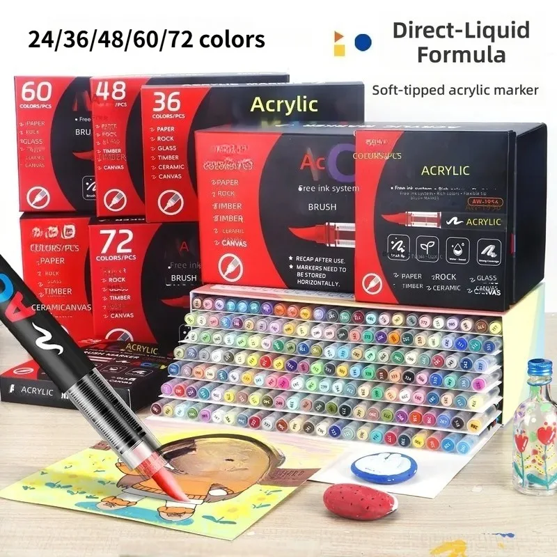 

24/36/48/60/72 Color/Set Acrylic Marking Pen Color Acrylic Paint Pen Marking Brush Head Color Pen DIY Graffiti Art