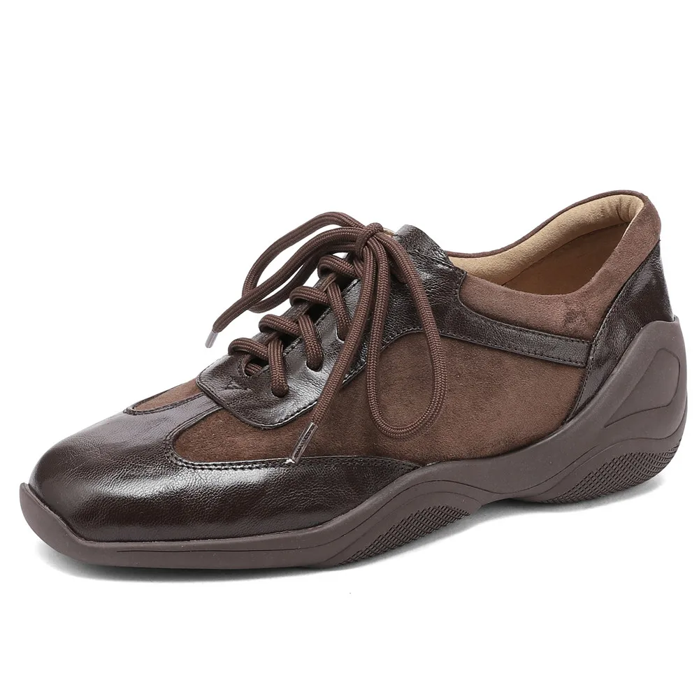 Women Brown Genuine Leather Patchwork Sneakers Lace Up Platform Comfort Walking Shoes Non Slip Vintage Daily Casual Trainers