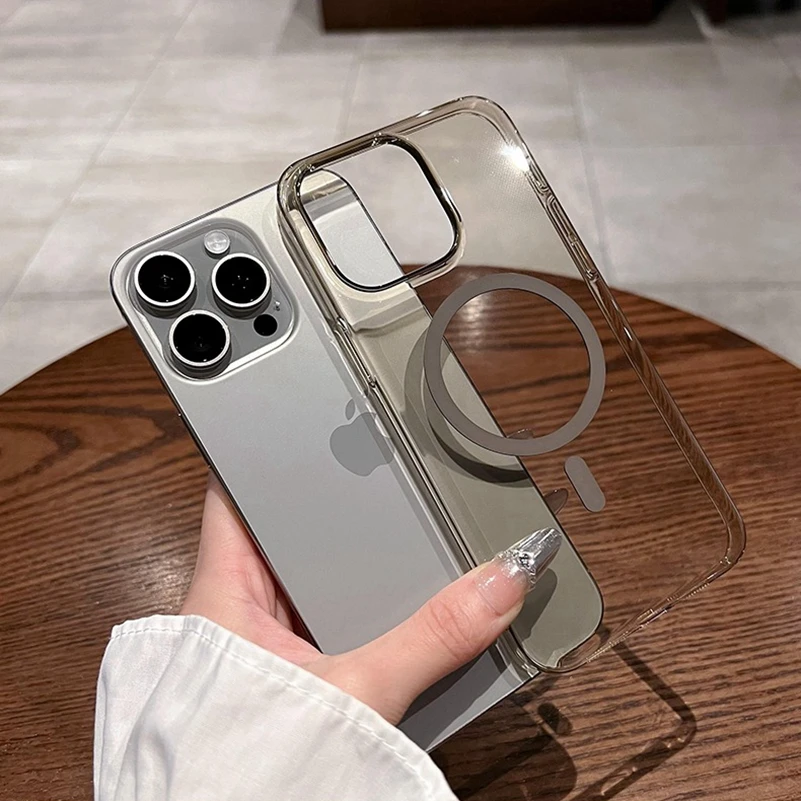 حافظة لهاتف آيفون 16 برو ماكس ذهبية شفافة Magsafe فاخرة رفيعة من البولي كربونات غطاء شحن لاسلكي لهاتف آيفون 12 13 14 15 برو ماكس 16 بلس