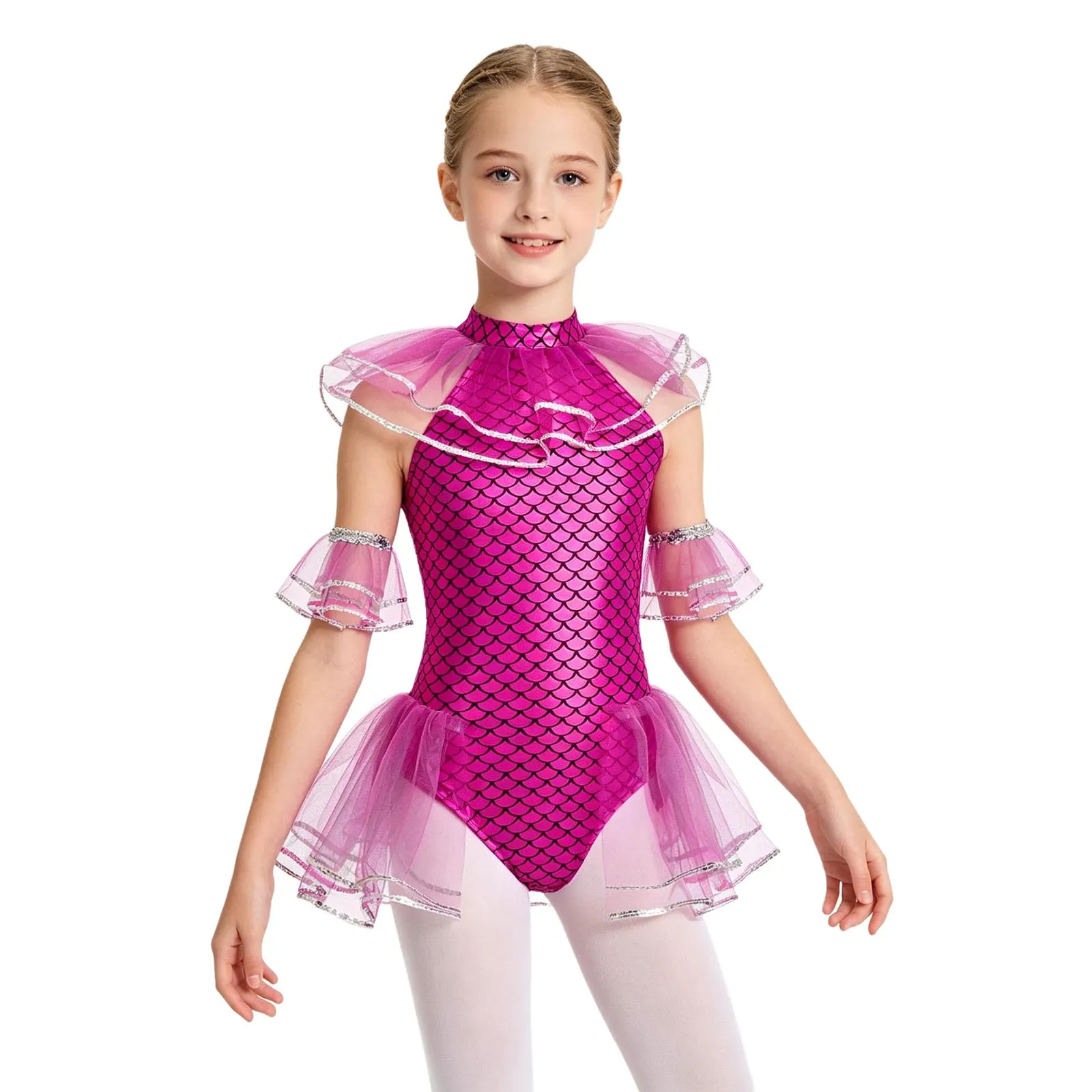 

Girls Mermaid Cosplay Costume Mermaid Fish Scales Print Jumpsuit Mesh Sequins Ballet Dance Leotards Bodysuit with Arm Sleeves
