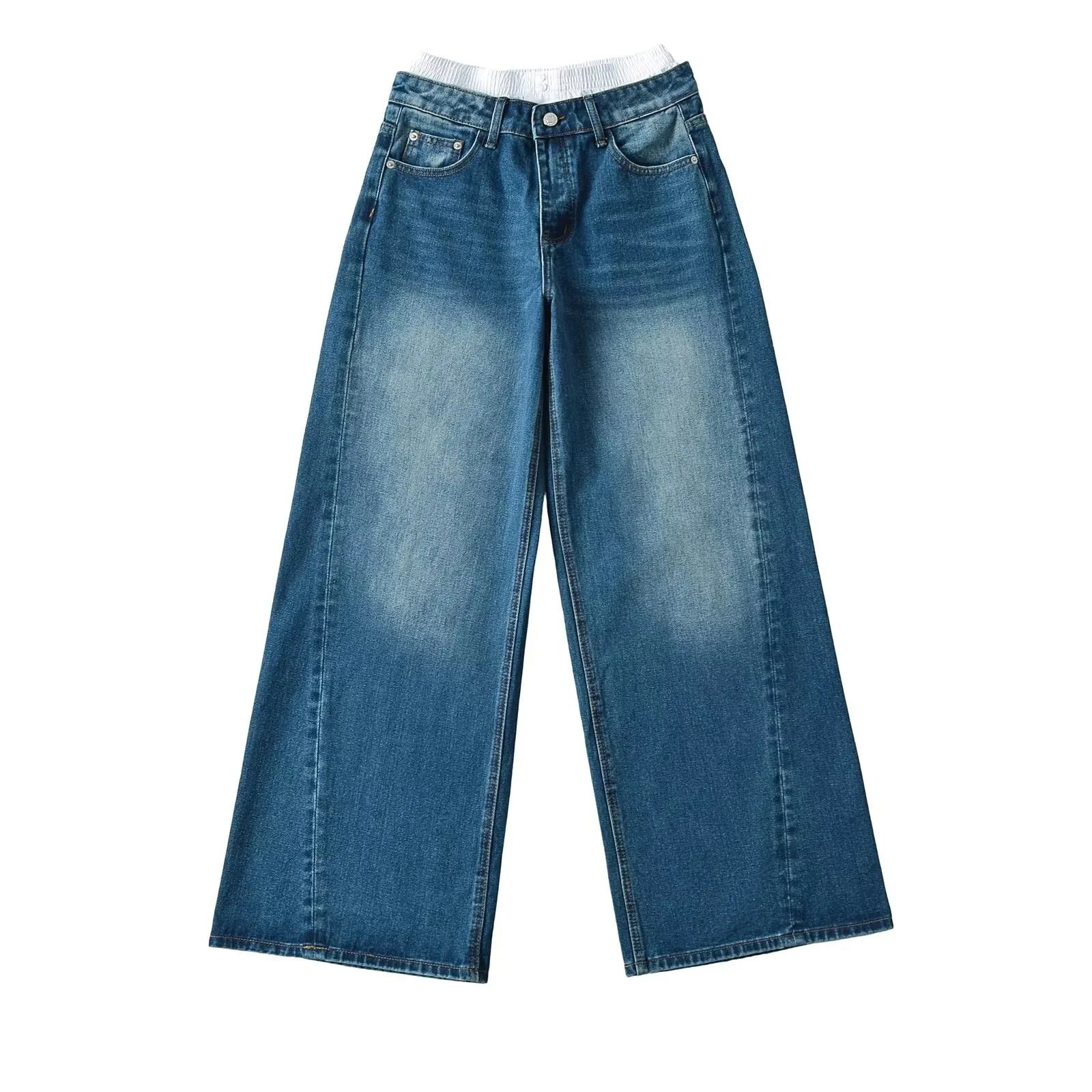 Pantalones vaqueros con diseño de bloqueo de retazos de calle, pantalones vaqueros elegantes de pierna recta, holgados, de pierna ancha