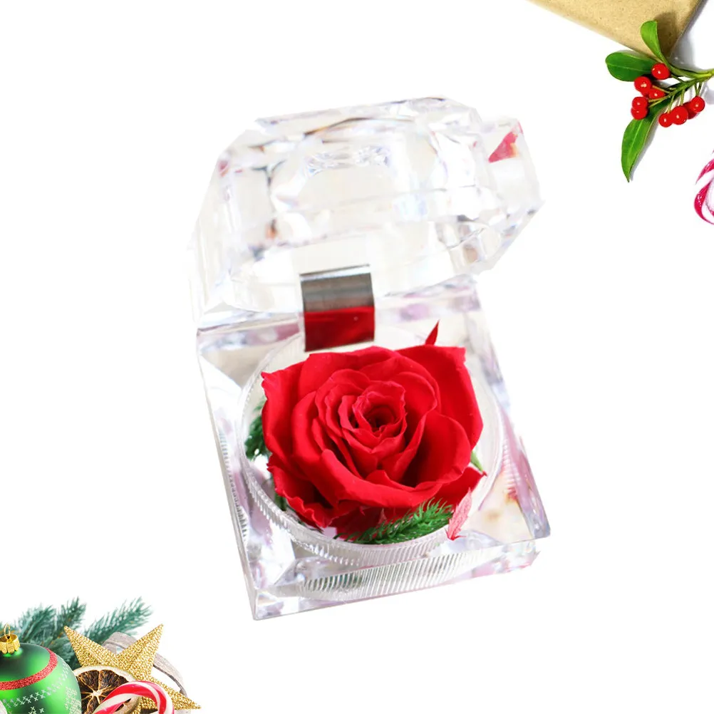 

Crystal Clear Acrylic Ring Storage Box with Artificial Rose Decor Exquisite Home Office Wedding Decoration Valentine's Day Gift