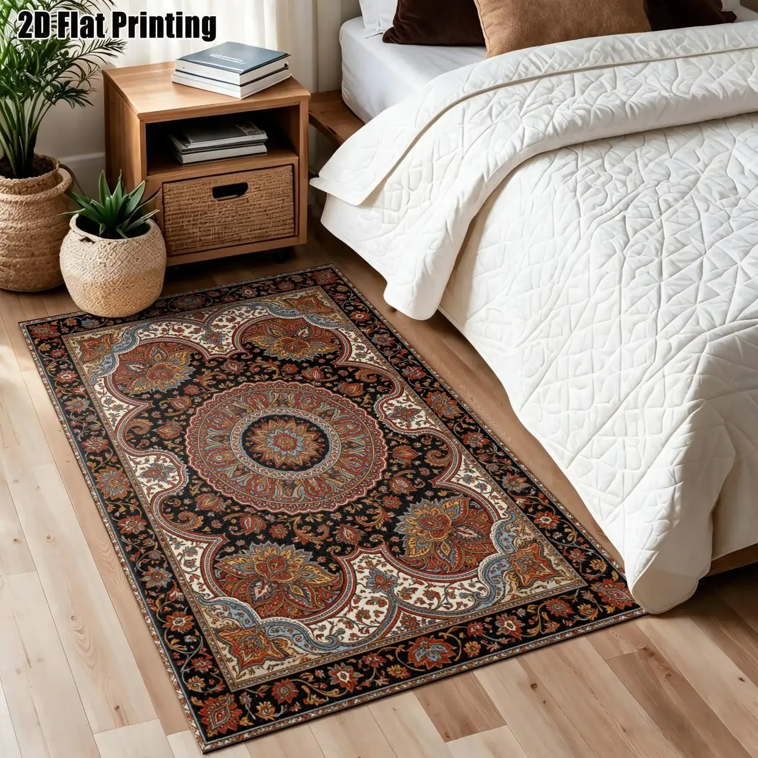 1Pc 2D Printed Carpet: Red-Brown Retro Scroll Flower Pattern, Vintage/European/Bohemian Style, Machine Washable, Multi-Size for