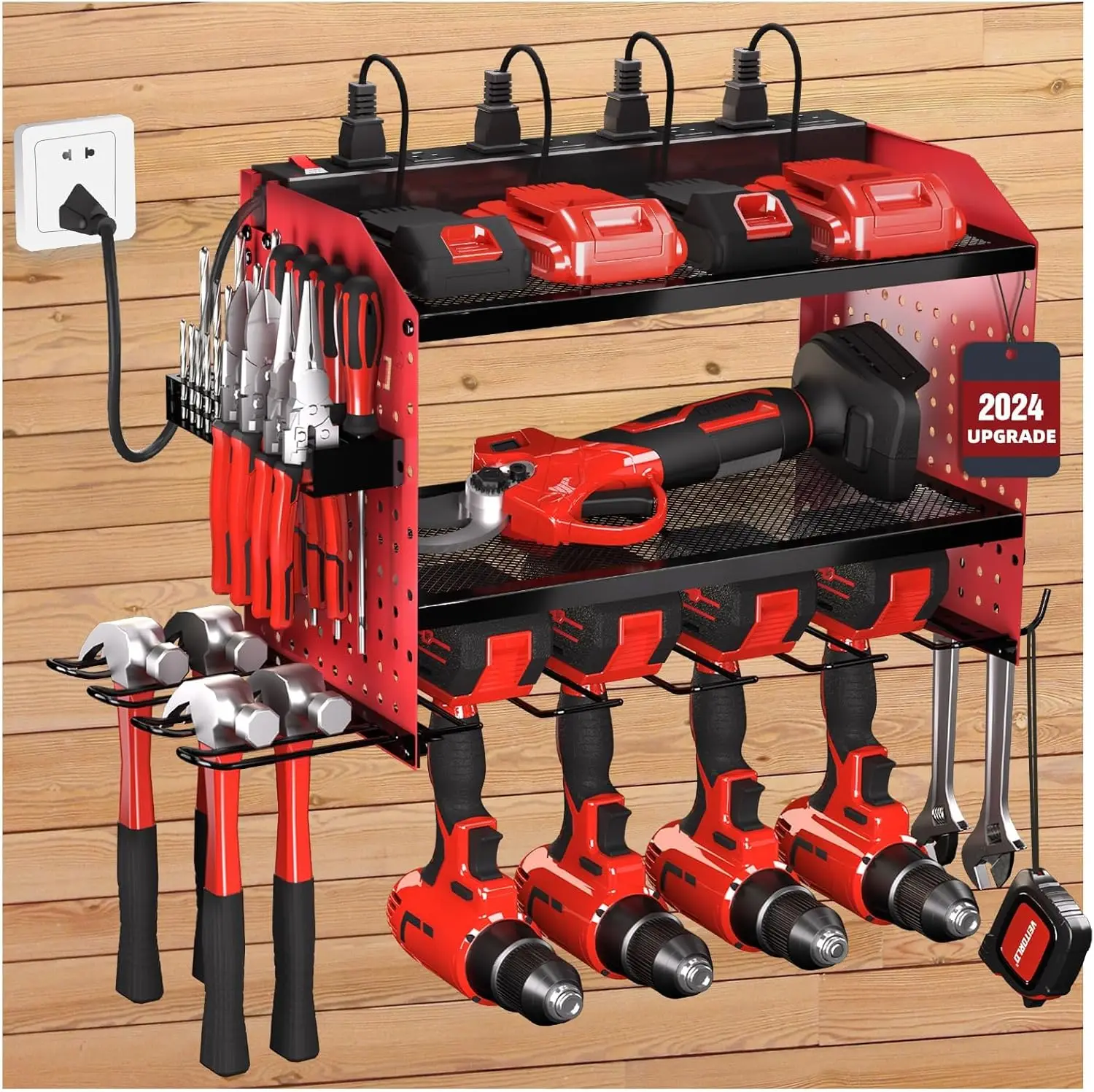 

Heavy Duty Modular Wall Mount Tool Organizer with Charging Station, 4 Drill Holders for Garage Storage - Red
