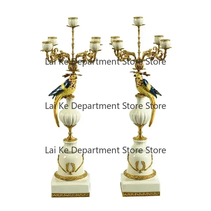 Luxury Home Decor Parrot Porcelain Candlestick Bird Multi 5 Heads Brass Ceramic Candle Holder for Wedding Decoration
