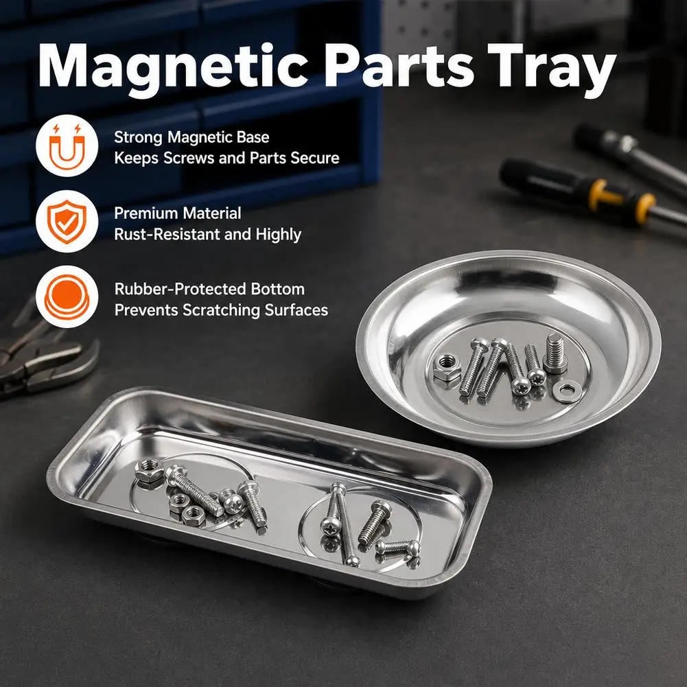 Round Square Magnetic Bowl, Stainless Steel Parts Tray, Durable, Holds Screws Nuts Bolts, Easy Access, Prevents Loss, Workshop