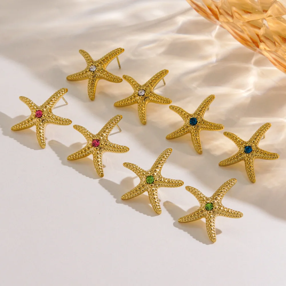 V. Multiple Color Beach Wind Sea Star Ocean Stainless Steel Earrings Gold Color Starfish Series Classic Earrings Wholesale