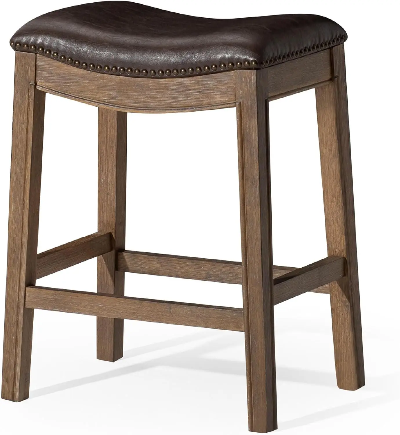 

Adrien Backless Counter Stool – 26 Inches – Saddle Stool with Footrest – Brown Solid Wood Frame & Dark Brown Faux Le