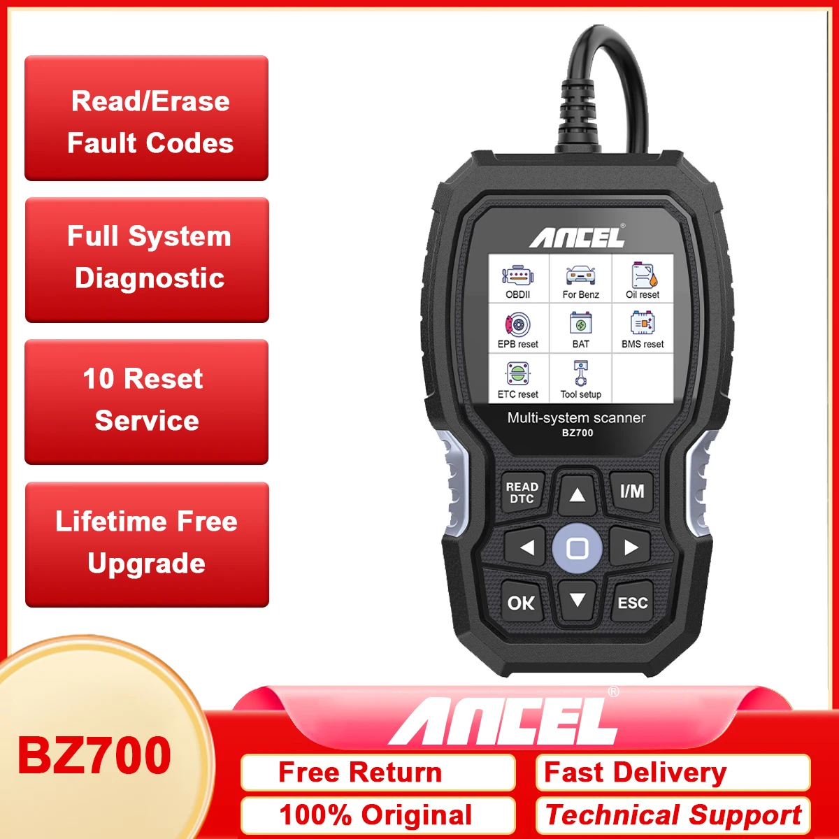 

ANCEL BZ700 OBDII Dignostic Scanner, инструмент для всех систем сканирования 10, сброс автомобиля, диагностический инструмент для Mercedes Benz Sprinter Smart