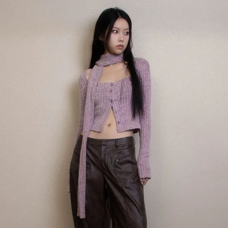 Karrram Japanese Y2k Short Cardigan With Scarf Korean Fashion Purple Knitwears Vintage Square Collar Crop Cardigans Aesthetics