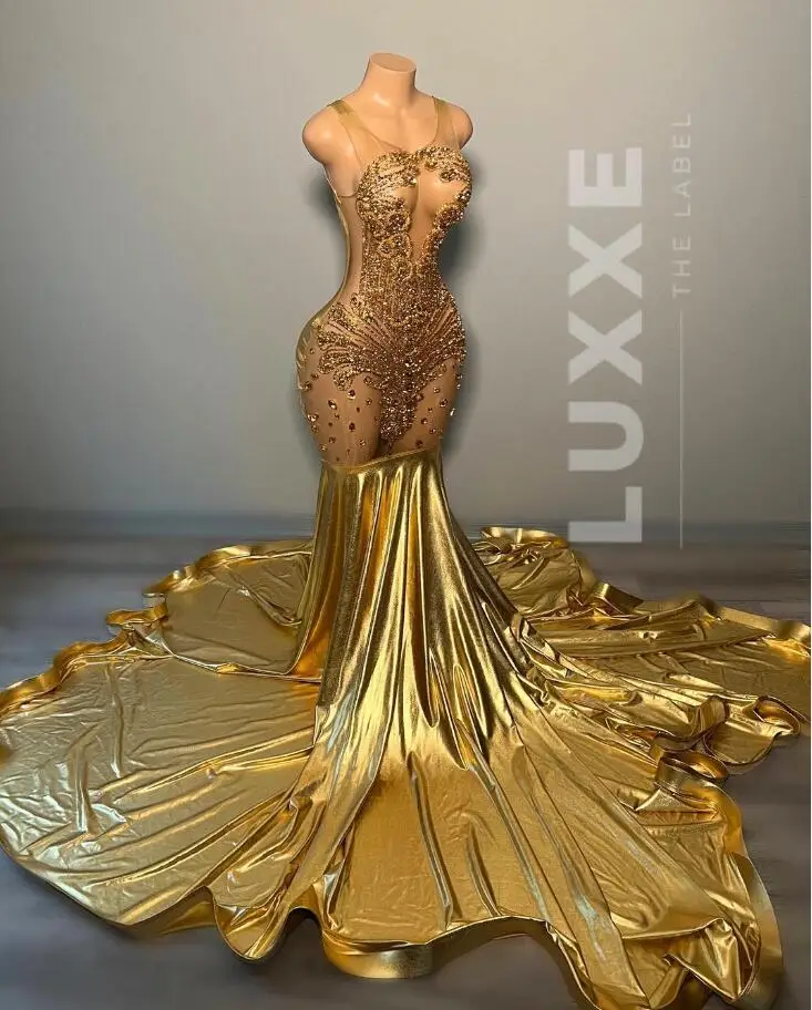 

Sparkly Gold Long Evening Formal Dresses for Women 2024 Luxury Diamond Crystal See Through Prom Gala Party Gown Black Girl