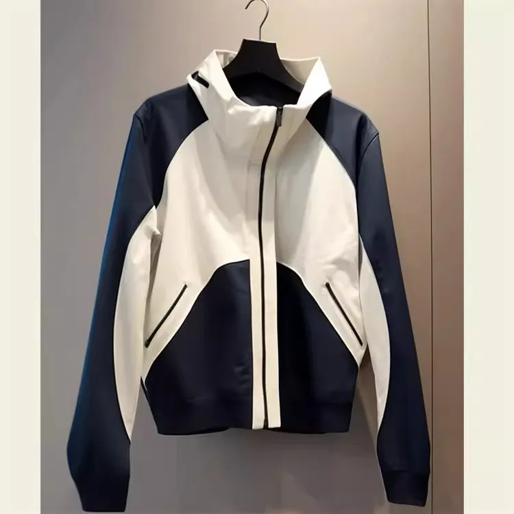 Women Hardshell Jacket Casual Short Coats Color Blocked Hooded Long Sleeves Zippper Loose Fit Office Lady 2025 Spring Autumn