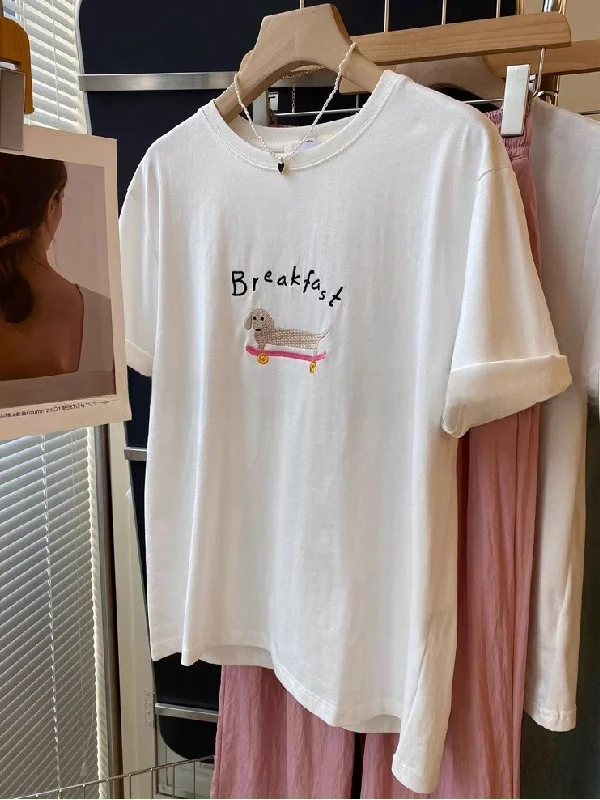 

plus Size Women's T-Shirt round Neck Short Sleeve Embroidered Letter Casual Loose Fit Summer Top Breathable Cotton Base Shirt