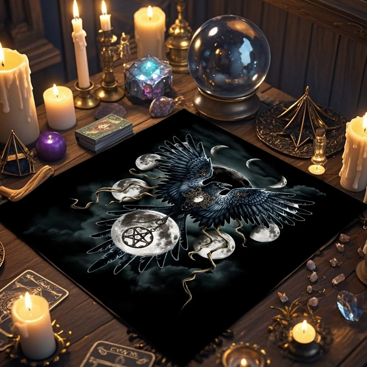 Table Cloth Rectangular Table Cloth Waterproof Tablecloth Crow Tarot Card Tablecloth Moon Phase Divination Star Altar Cloth Rune