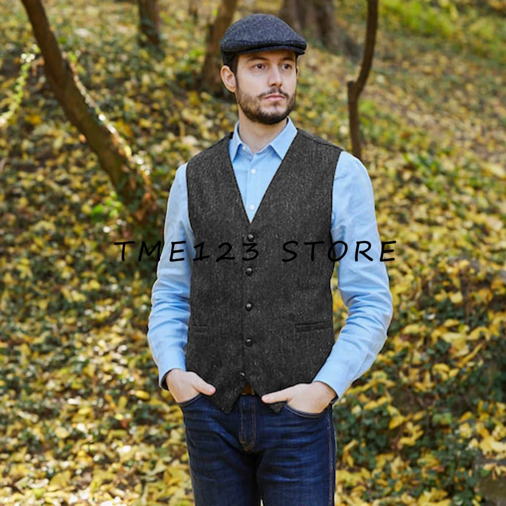 Men's Woolen V-neck Single-breasted Business Casual Vest Male Clothes Steampunk Cufflinks Suit Jackets Elegant Suits Man Dress