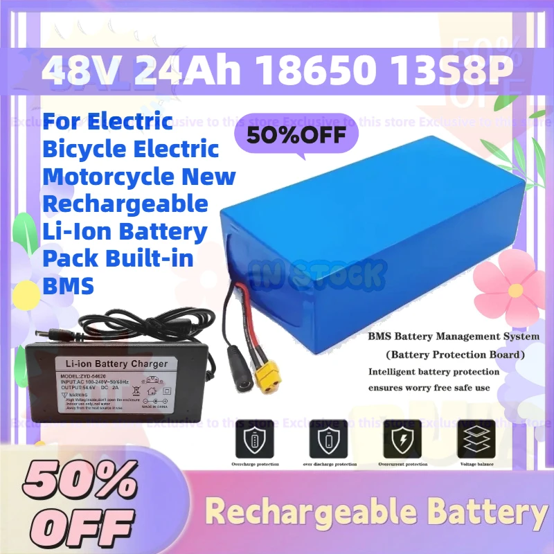 

For Electric Bicycle Electric Motorcycle New Rechargeable Li-Ion Battery Pack Built-in BMS 48V 24Ah 18650 13S8P + Charger